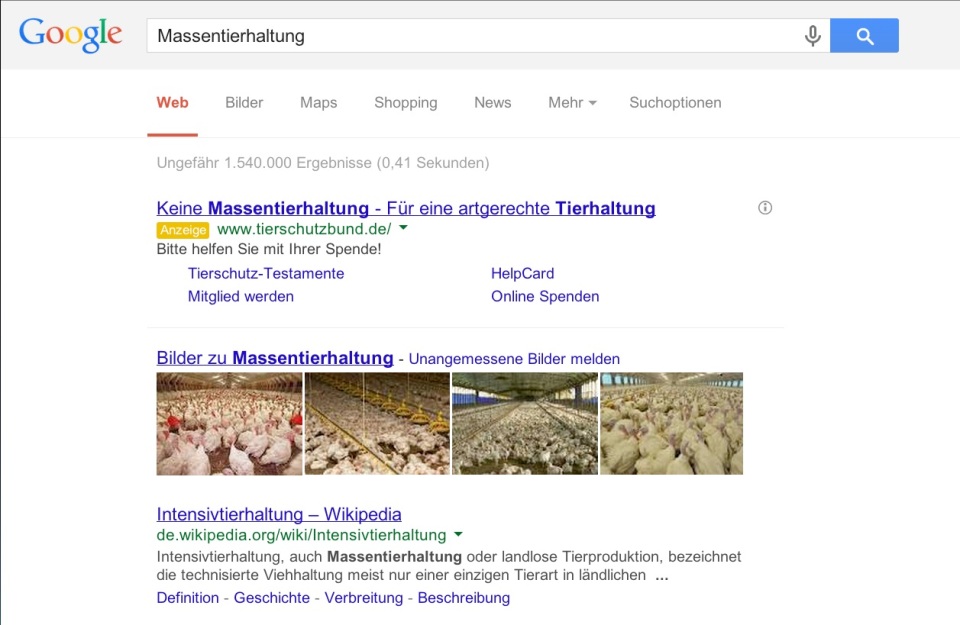 Massentierhaltung Suchergebnis bei Google